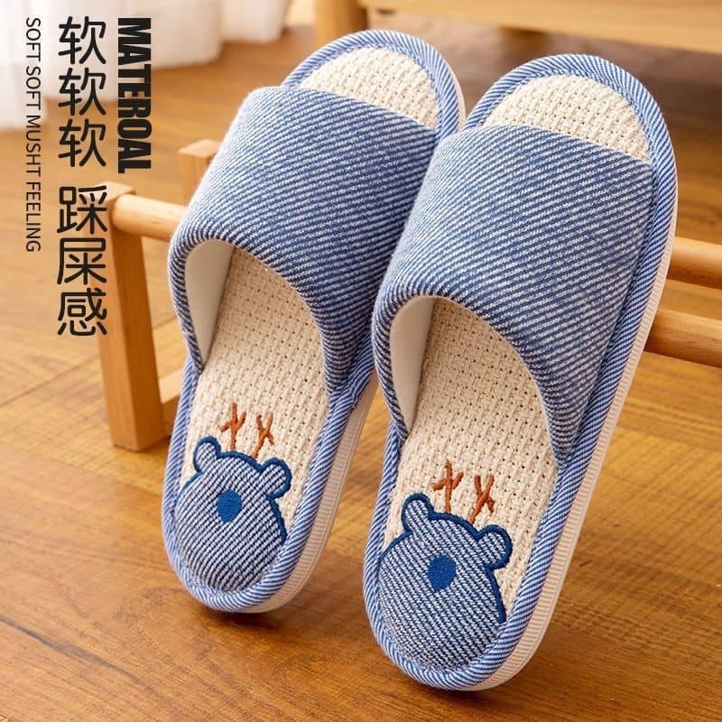 Linen Unisex Indoor Home Slippers Anti-Slip Soft Sole Wear-Resistant Noise-Free Couple Embroidered