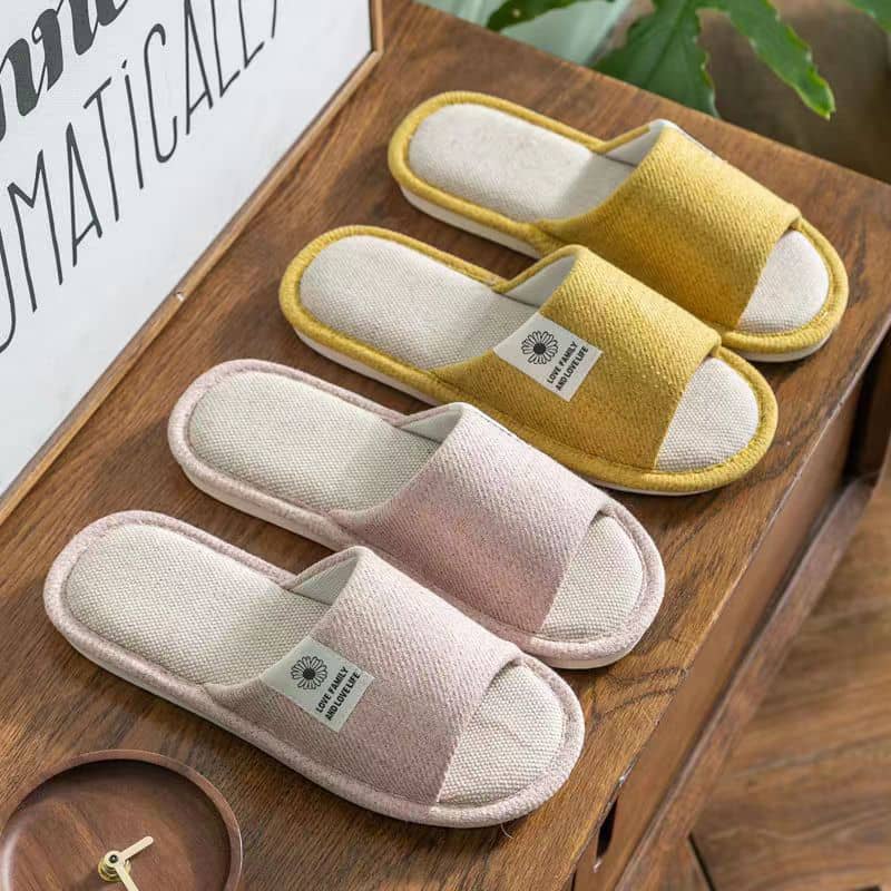 Cotton-Linen Fabric Unisex Indoor Home Slippers Anti-Slip Noise-Free All-Season Clover