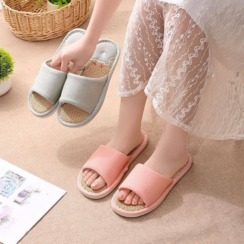 Linen Unisex Indoor Home Slippers Anti-Slip Soft Sole Wear-Resistant Noise-Free Couple Embroidered