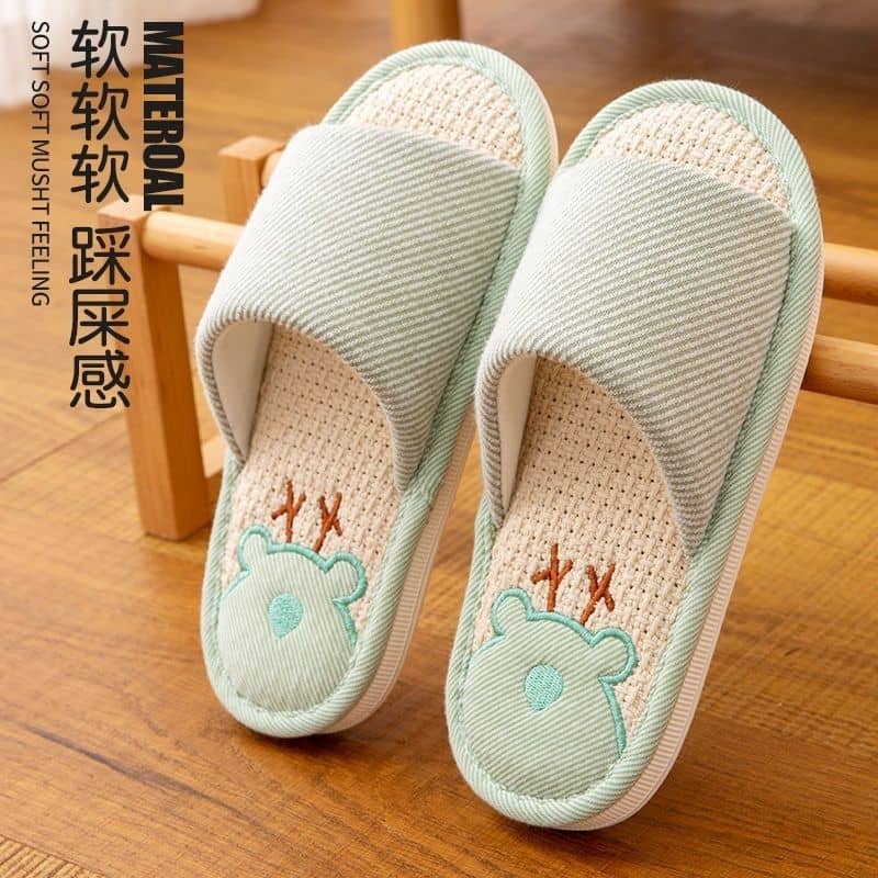 Linen Unisex Indoor Home Slippers Anti-Slip Soft Sole Wear-Resistant Noise-Free Couple Embroidered