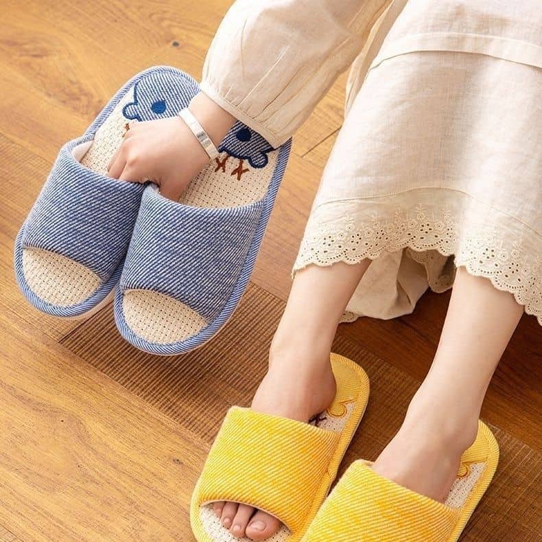 Linen Unisex Indoor Home Slippers Anti-Slip Soft Sole Wear-Resistant Noise-Free Couple Embroidered