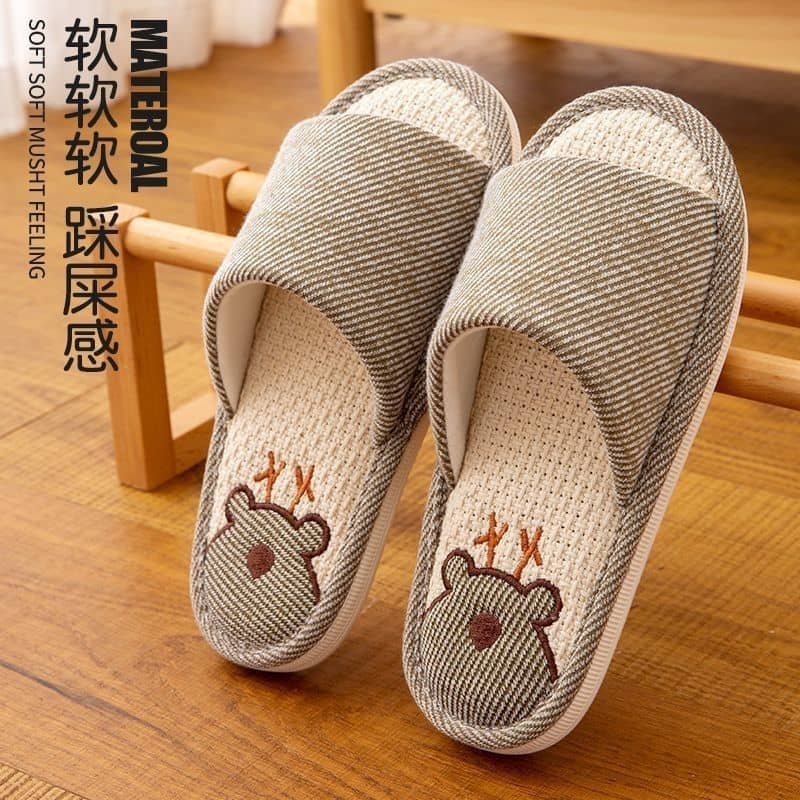 Linen Unisex Indoor Home Slippers Anti-Slip Soft Sole Wear-Resistant Noise-Free Couple Embroidered