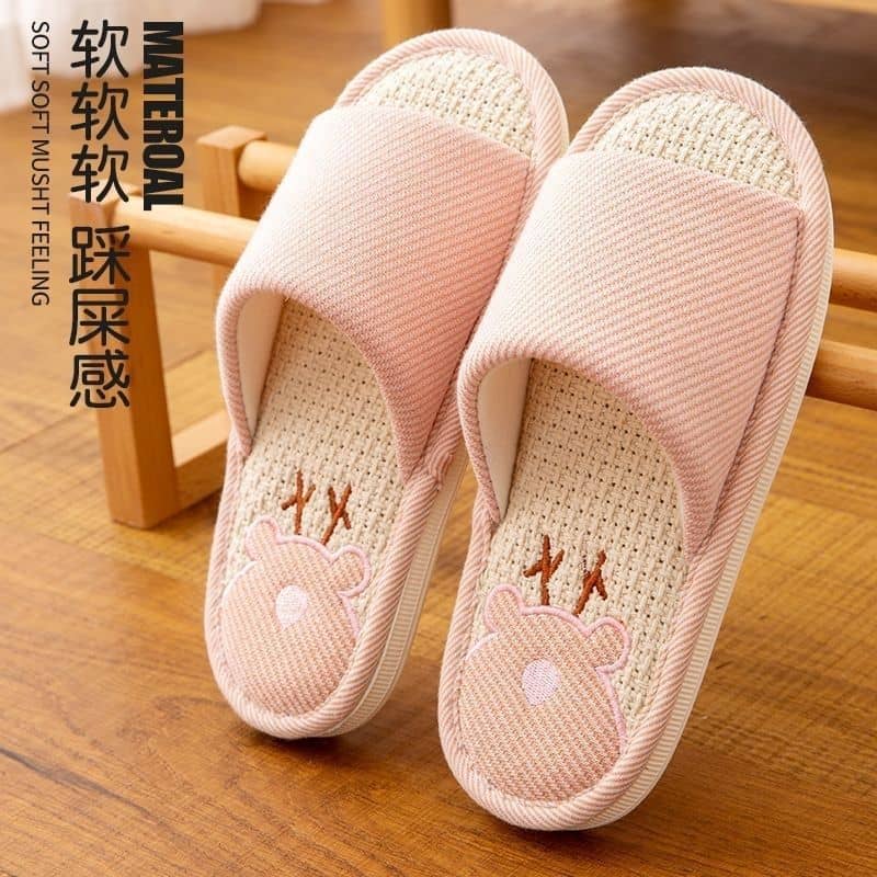 Linen Unisex Indoor Home Slippers Anti-Slip Soft Sole Wear-Resistant Noise-Free Couple Embroidered