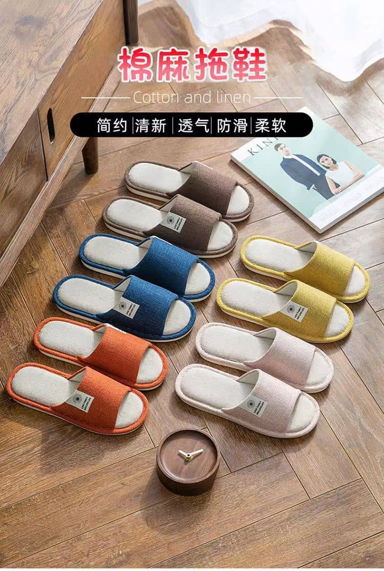 Cotton-Linen Fabric Unisex Indoor Home Slippers Anti-Slip Noise-Free All-Season Clover