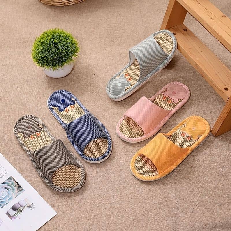 Linen Unisex Indoor Home Slippers Anti-Slip Soft Sole Wear-Resistant Noise-Free Couple Embroidered